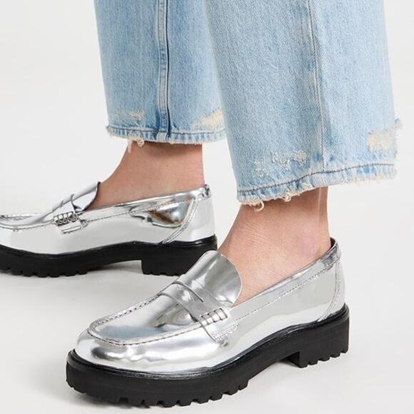 Reformation Agathea Chunky Loafers NEW Silver Mirrored Leather Platform Size 7 - Picture 1 of 8